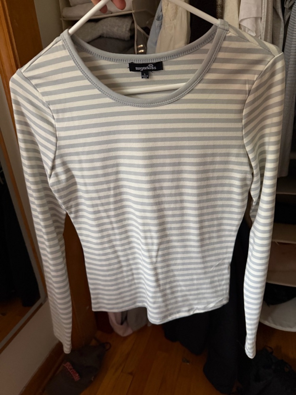 Sugarlips Light Gray Striped Long Sleeve Crew Tee